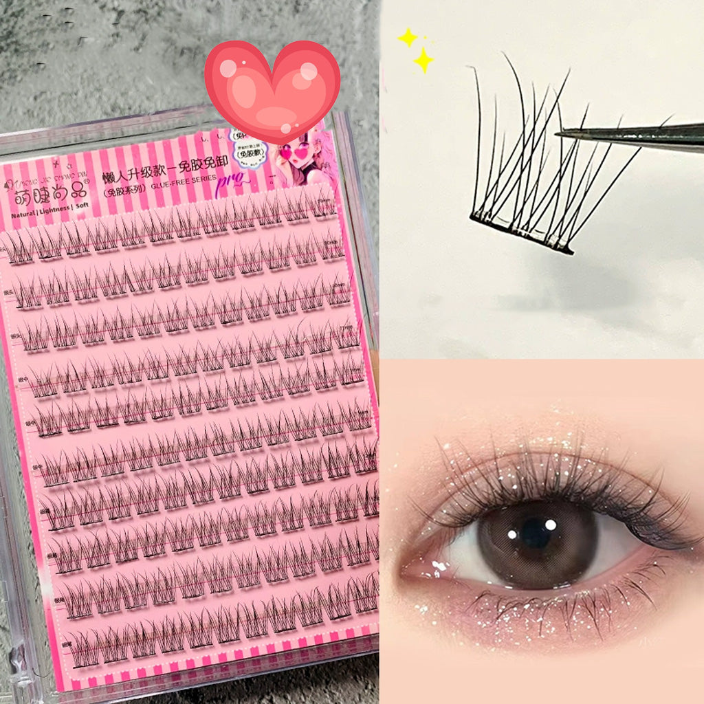 These glue-free, pre-glued lashes offer a unique "fish tail" design that provides added volume and a striking, winged-out effect, perfect for creating a captivating eye look.