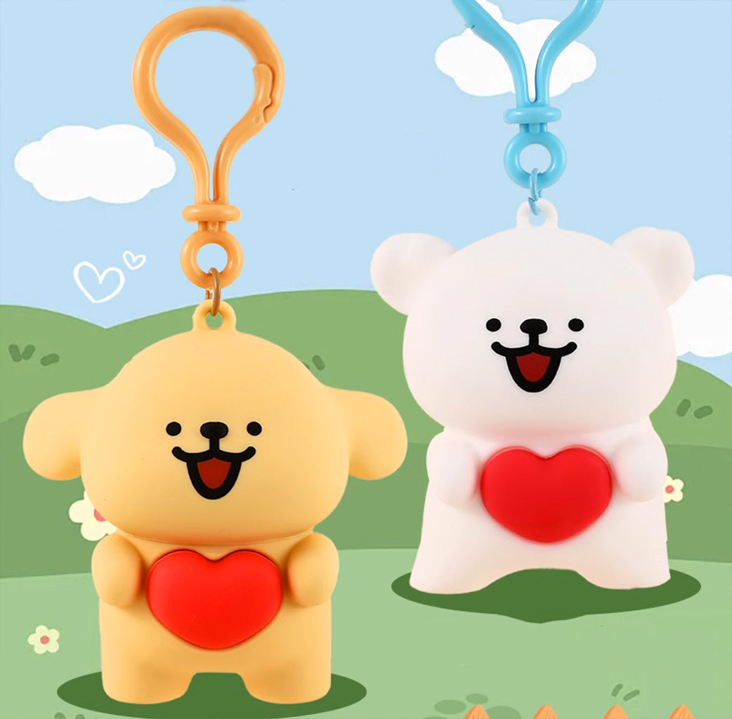It is an adorable accessory featuring a cute Maltese dog holding a small heart, symbolizing love and warmth.