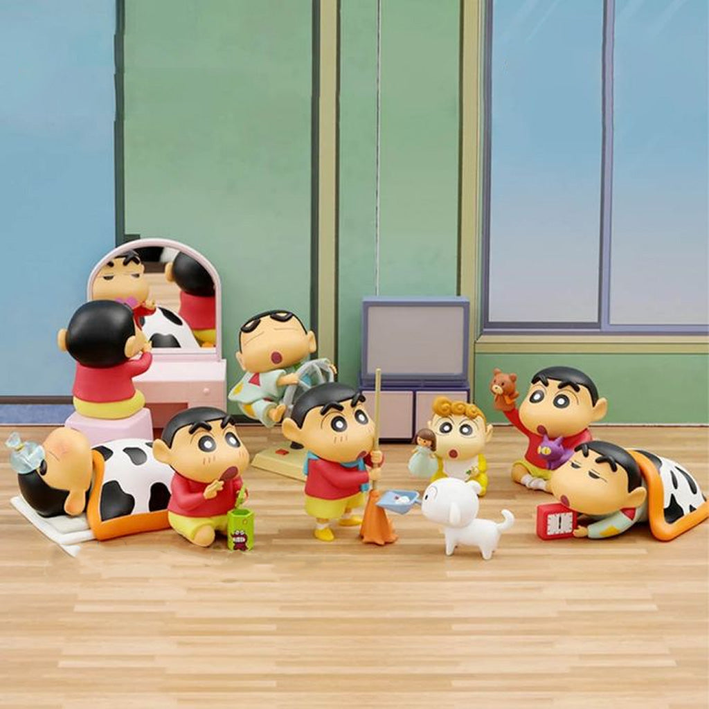 It features an adorable collection of figurines capturing the delightful antics of Shin-chan and his friends in various everyday scenarios.