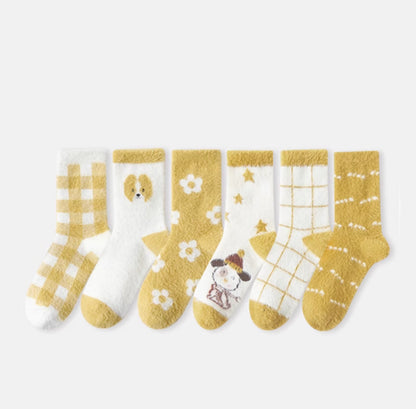 Caramella Winter Thickened Coral Fleece Mid-calf Socks 6 pairs