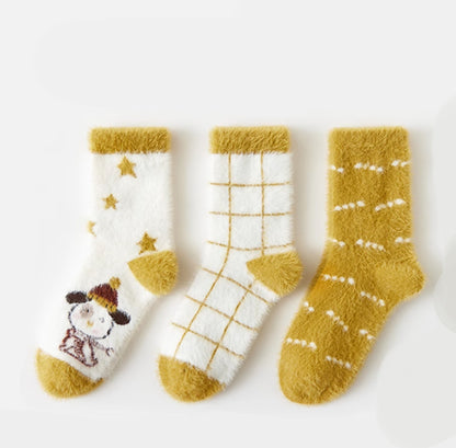 Caramella Winter Thickened Coral Fleece Mid-calf Socks 6 pairs